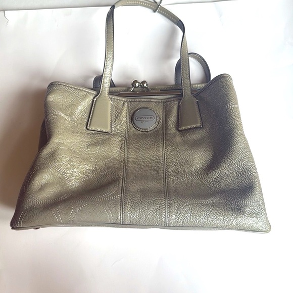 Coach Stitch Framed Kisslock Carryall Tote Bag in Olive / Gray Leather - Picture 3 of 13